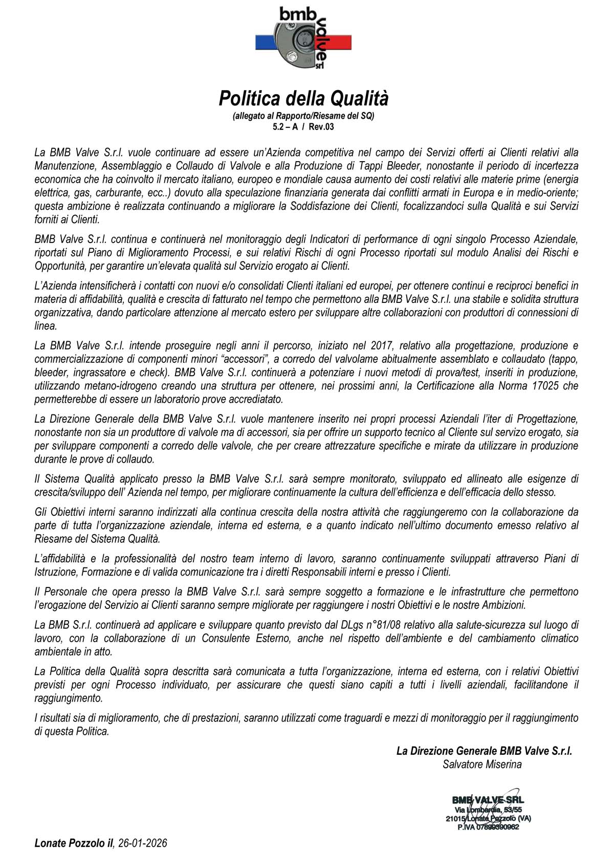 BMB Valve - Azienda - Politica della Qualita'
